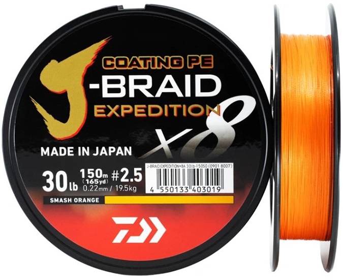 Daiwa splietaná šnúra j-braid expedition x8e smash orange 150 m - 0,10 mm 6,9 kg