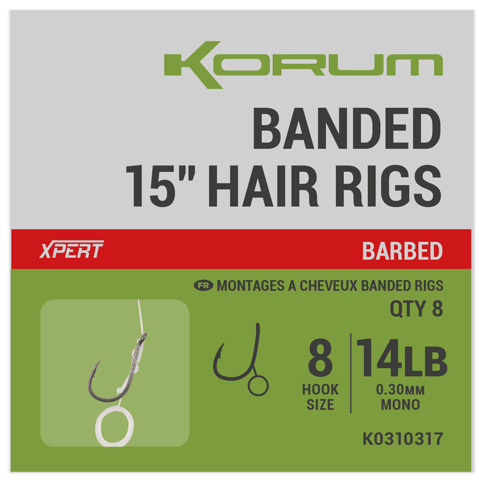 E-shop Korum náväzec banded hair rigs barbed 8 ks dĺžka 15" - veľkosť háčika 8