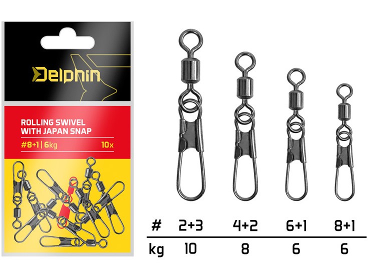 Delphin karabinka s obratlíkom rolling swivel with japan snap 10 ks - veľkosť 2+3 nosnosť 10 kg