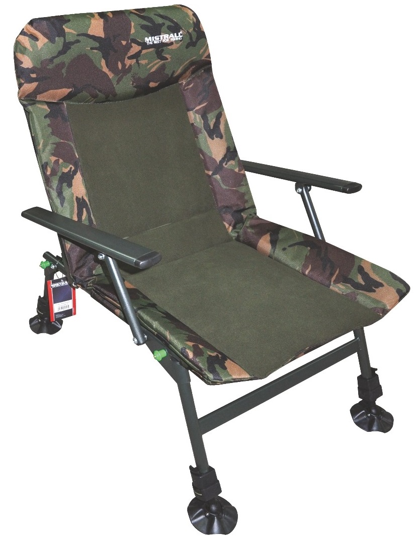 Mistrall kreslo maskáč.
 Špecifikácia: • výška chrbta 52 cm • dĺžka sedáka 60 cm • šírka sedadla 50 cm • výška sedadla 32-42 cm • silná oceľová konštrukcia • hliníkové podrúčky • nastaviteľné nohy