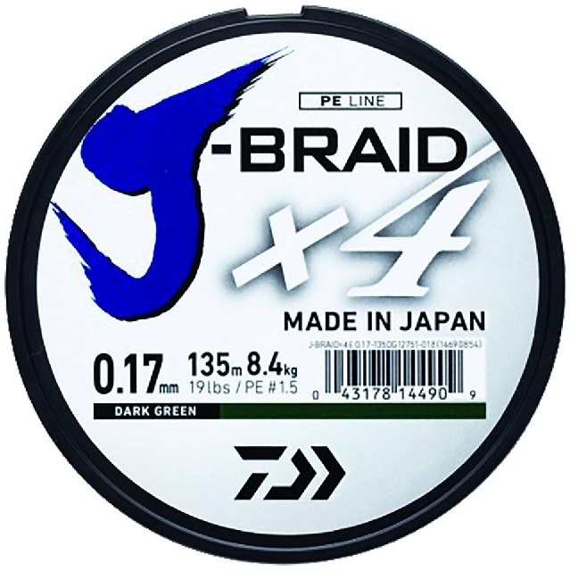 Daiwa splietaná šnúra j-braid 4 tmavo zelená 135m-priemer  0.15 mm / nosnosť 6,9 kg