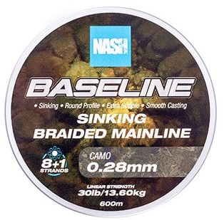 Nash splietaná šnúra baseline sinking braid camo 600 m - 0,28 mm 13,6 kg