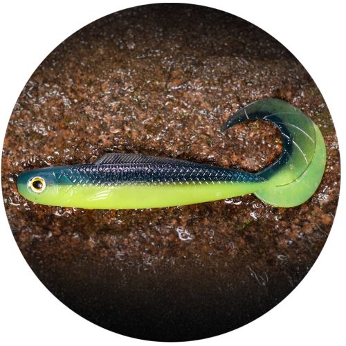 RedBass Gumová Nástraha Twister Kixter Black/Signal Yellow G UV COLOR - 12,5 cm 14 g