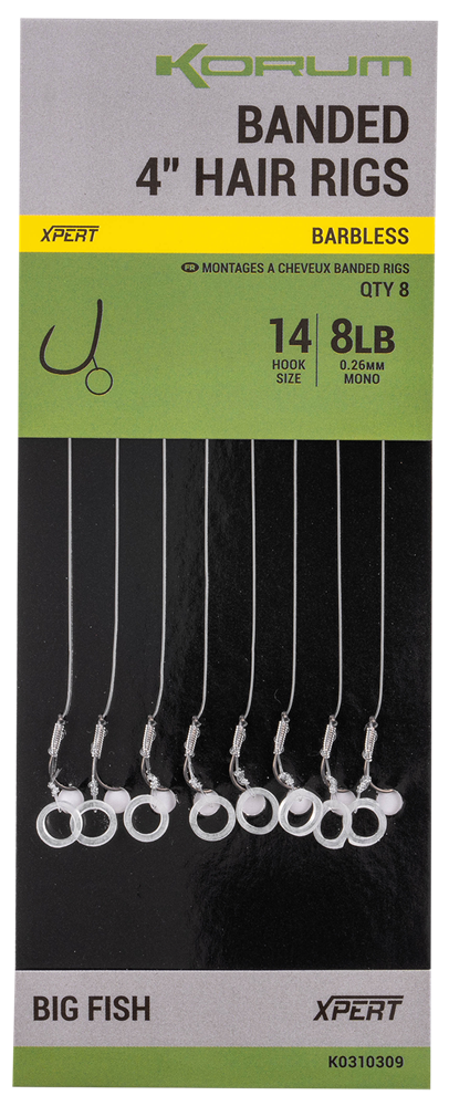 E-shop Korum náväzec banded hair rigs barbless 8 ks dĺžka 4" - veľkosť háčika 10