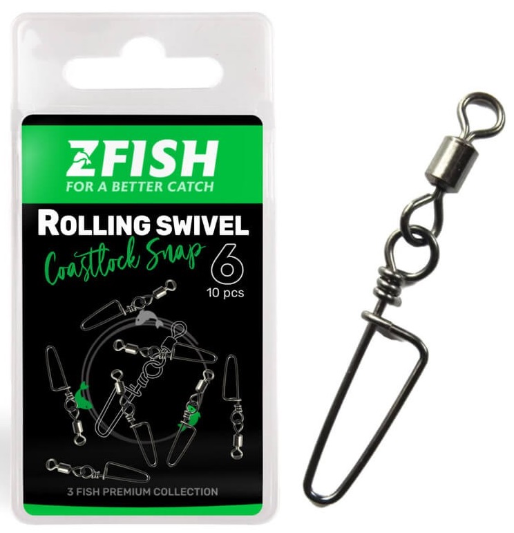 Zfish obratlík s karabínou rolling swivel & coastlock snap 10 ks - veľkosť 10 nosnosť 20 kg