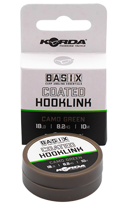 Korda náväzcová šnúra basix coated hooklink camo green 10 m - 18 lb 8,2 kg