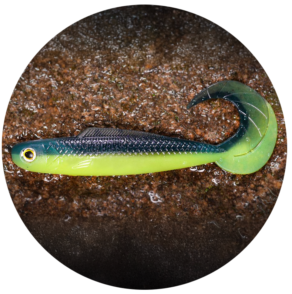 E-shop Redbass gumová nástraha twister kixter dark/signal yellow uv - s 70 mm