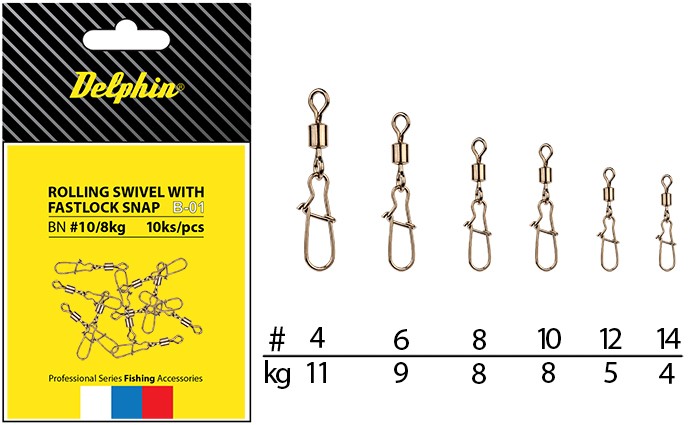 Delphin obratlík s karabinkou rolling swivel with fastlock snap b-01 10 ks-veľkosť 14 / nosnosť 4 kg