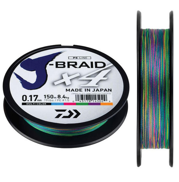 Daiwa splietaná šnúra j-braid multi color 300 m-priemer  0,24 mm / nosnosť 18 kg