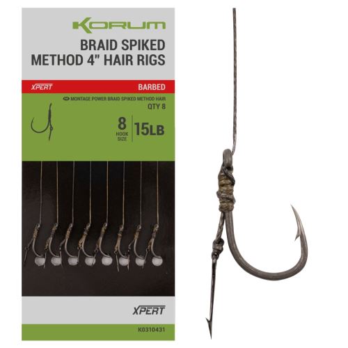 Korum Nadväzec Power Braid Spiked Method Hair Rigs 15 lb Barbed 10 cm 8 ks