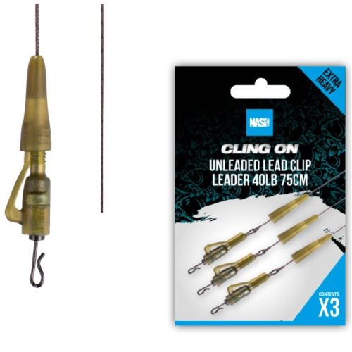 Nash Montáž Cling On Unleaded Lead Clip Leader 75 cm 40 lb 3 ks