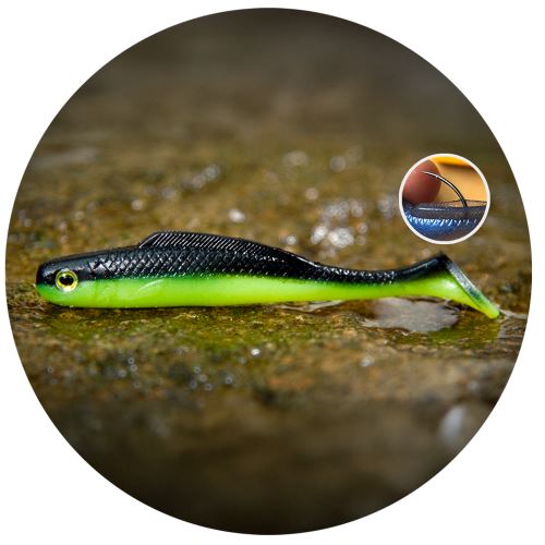 RedBass Gumová Nástraha Ripper Kicker Black/Signal Yellow UV COLOR - L 100 mm