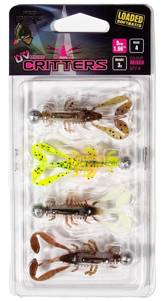 Fox rage gumová nástraha ultra uv micro critter mixed colour loaded 3g lure pack 5 cm 4 ks