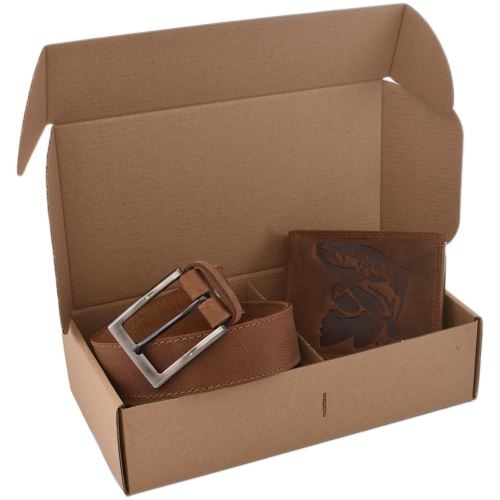 Mercucio Rybársky Darčekový Set Pstruh - Pánska Peňaženka a Kožený Opasok Svetlý Šitý
