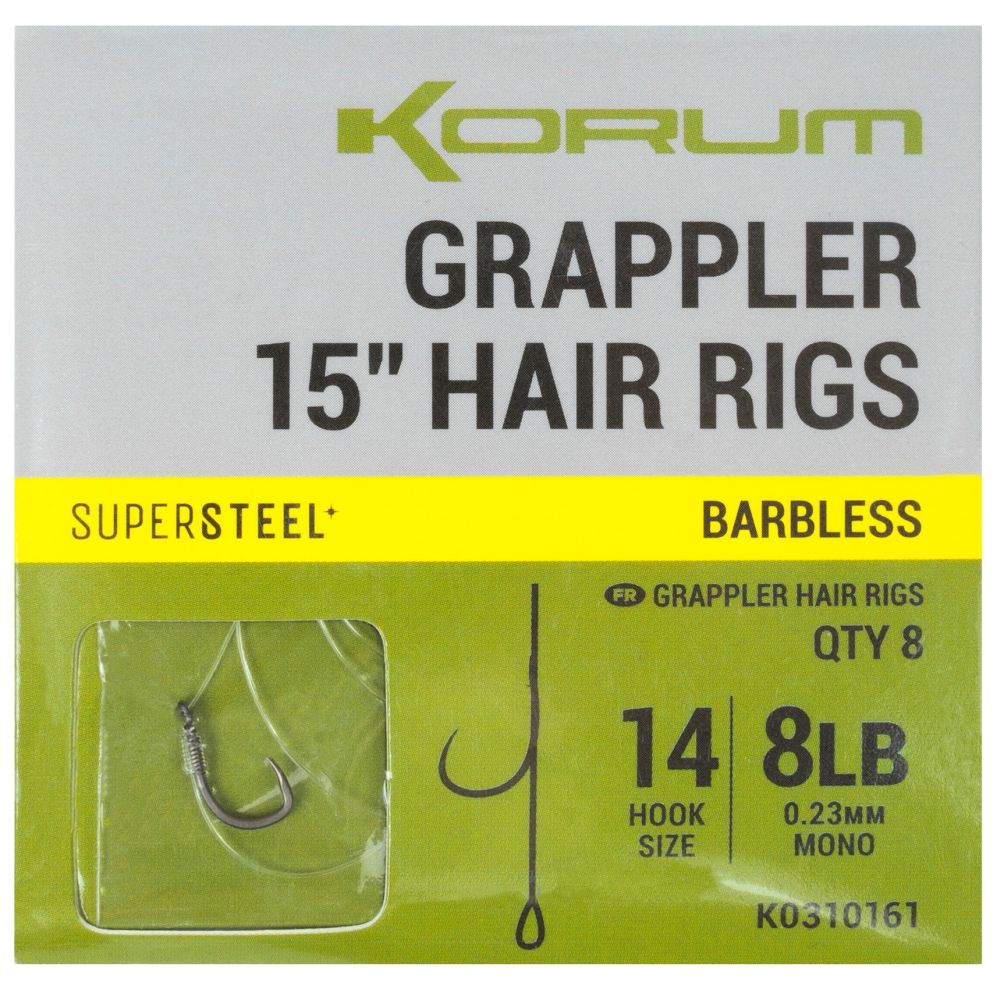 Korum náväzec grappler 15” hair rigs barbless 38 cm - veľkosť háčika 14 priemer 0,23 mm nosnosť 8 lb