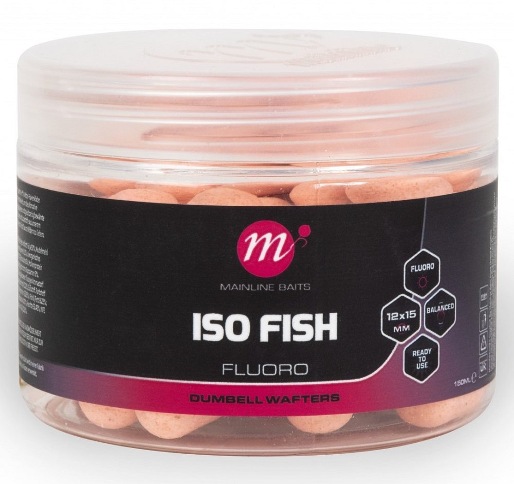 Mainline vyvážené boilie fluoro dumbell wafters iso fish 150 ml 12x15 mm - pink